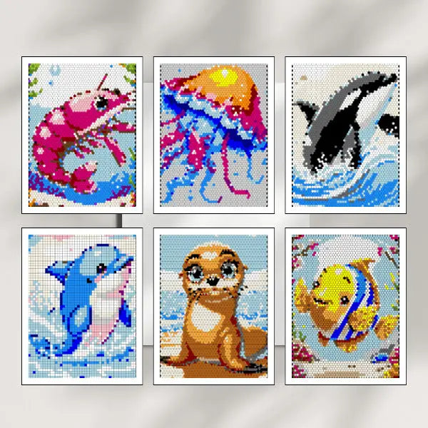 Six art pages of completed color by number sea animal designs, featuring a dolphin, a seal, a clownfish, an octopus, a turtle, and a crab, all created with mosaic patterns.