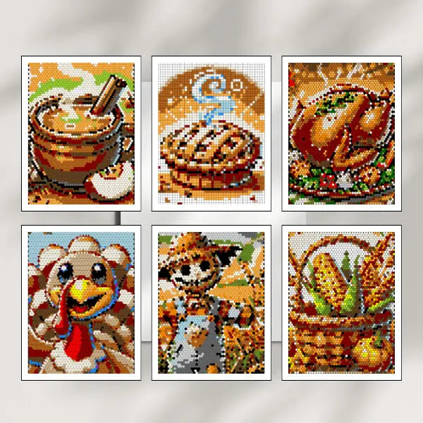 Six completed Thanksgiving color by number geometric art printable pages, showing various holiday designs including a roasted turkey, a fall leaf, a cornucopia, a pumpkin, a slice of pumpkin pie, and a festive turkey character.