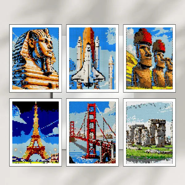 Six completed color by number mosaic artworks in white frames, depicting famous world landmarks: the Sphinx, Space Shuttle, Easter Island Moai, Eiffel Tower, Golden Gate Bridge, and Stonehenge.