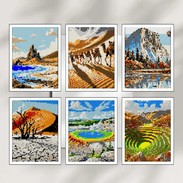 Six completed color by number mosaic artworks in white frames, depicting famous world landmarks: Sassusvlei Dunes, Yosemite National Park, Galapagos Islands, Sacred Valley, Yellow Stone, and Sahara Dessert.