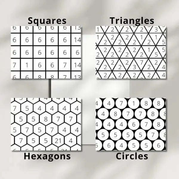 Four geometric grid patterns for coloring, including square, hexagonal, and circular mosaics.