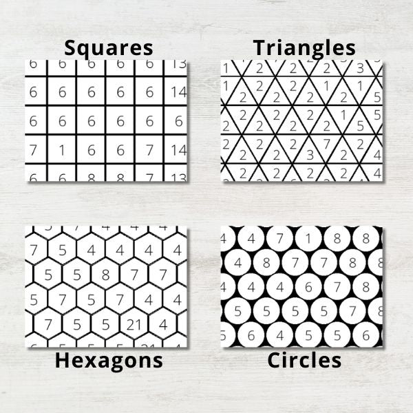 Four grid patterns labeled 'Squares', 'Triangles', 'Hexagons', and 'Circles' on a light gray background.