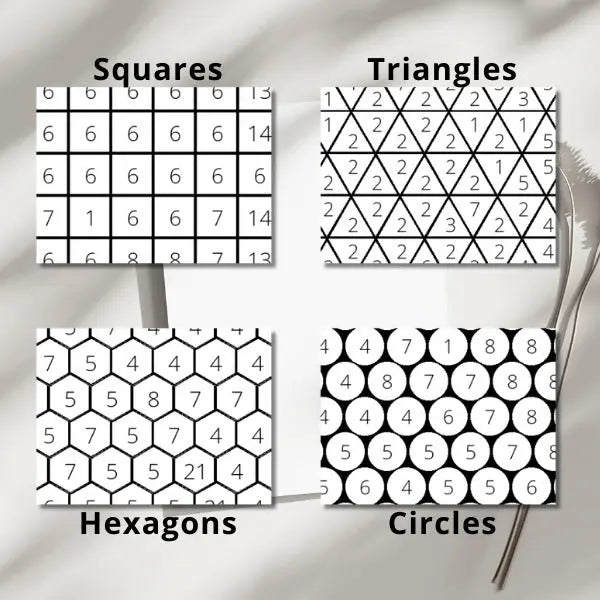 Four detailed examples of geometric coloring grids for mosaic art: squares, triangles, hexagons, and circles, each numbered for color by number activities.