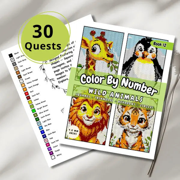 Cover of a 'Wild Animals Color By Number' ebook with a '30 Quests' badge, showcasing sample completed images of a giraffe, a penguin, a lion cub, and a tiger cub, designed with squares, triangles, hexagons, and circles.