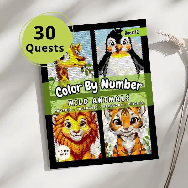 Close-up of the cover of a "Color By Number Wild Animals" book with a yellow circle indicating "30 Quests." The cover showcases four adorable animal mosaics, including a bear, a tiger, a giraffe, and a fox, all created with squares, triangles, hexagons, and circles.