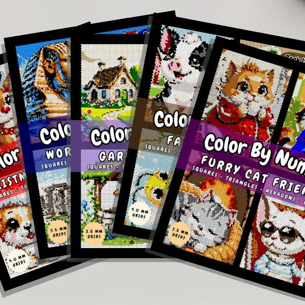 Stack of vibrant color by number activity books for adults
