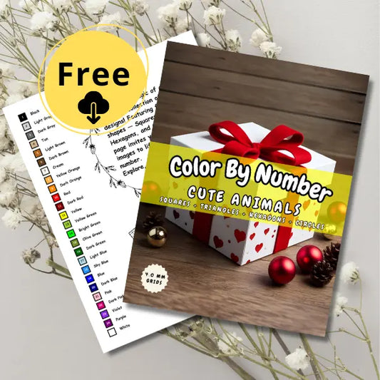 Cute Animals Color By Number coloring book cover with free download label and geometric shapes