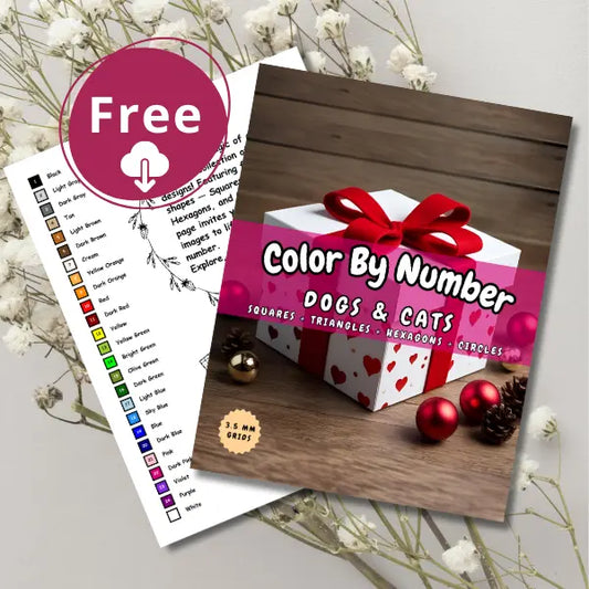 Free Color By Number activity featuring dogs and cats with geometric shapes and a color palette guide.