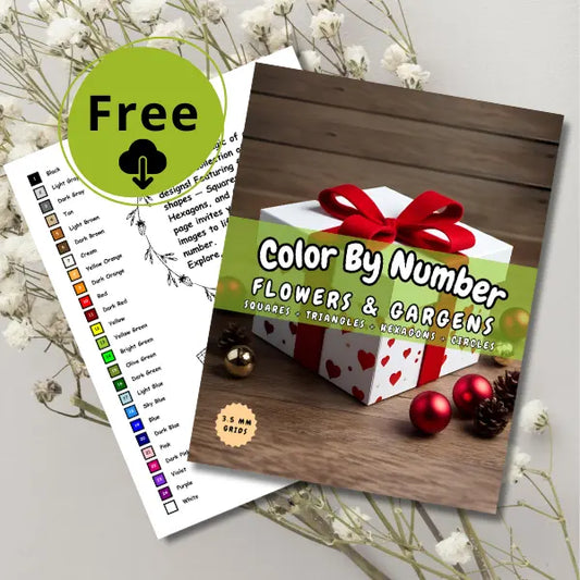 Color By Number Flowers & Gardens book cover with free printable coloring guide, featuring geometric shapes and holiday decor.
