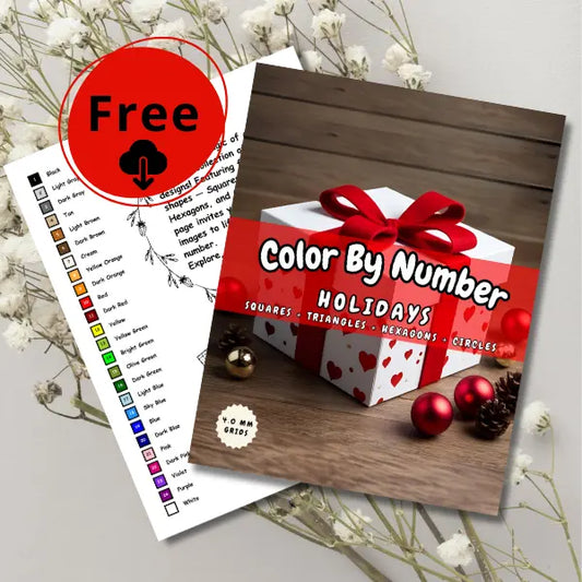 Holidays Color By Number book featuring geometric shapes on a wooden table with festive decorations.