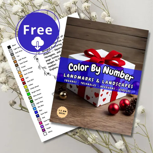 Color By Number: Landmarks & Landscapes, featuring geometric designs in squares, triangles, hexagons, and circles.