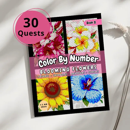 Close-up of the cover of a "Blooming Flowers Color By Number" book with 30 quests, featuring four vibrant flower mosaics made of squares, triangles, hexagons, and circles.