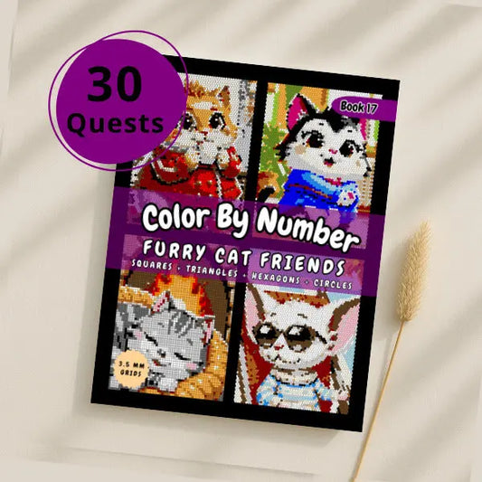 Close-up of the cover of a "Color By Number Cat Friends" book with a purple circle indicating "30 Quests." The cover showcases four adorable cat mosaics, including a calico cat, a tortoiseshell cat, a black cat, and a tabby cat, all created with squares, triangles, hexagons, and circles.