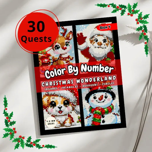 Front cover of a "Christmas Wonderland Color By Number" print book, featuring 30 quests. The cover displays completed geometric art designs of a reindeer, Santa Claus, a puppy in a Santa hat, and a snowman, highlighting geometric grids for printable holiday fun.