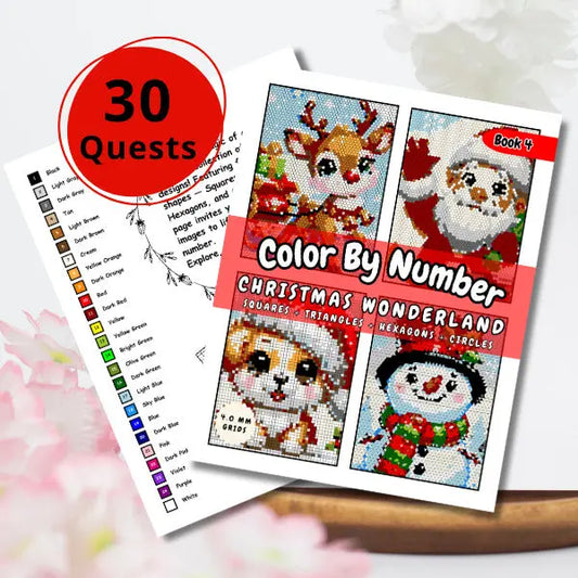 Close-up of the cover of a "Christmas Color By Number" e-book with a red circle indicating "30 Quests." The cover showcases four festive Christmas-themed mosaics, including a Santa Claus, a Christmas deer, a snowmen, and a present, all created with squares, triangles, hexagons, and circles.