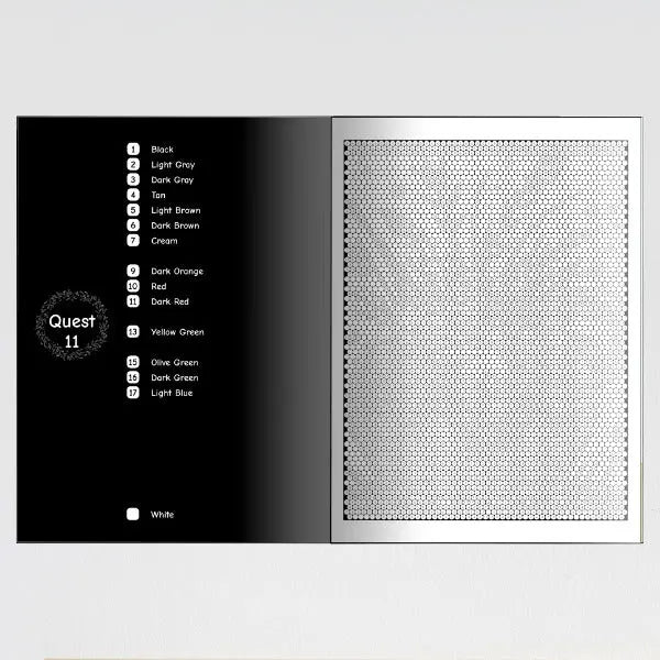 An open color by number book showing a page with a color key on the left, listing numbers and corresponding colors, and a blank mosaic pattern on the right.
