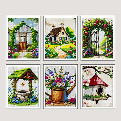 Six completed color by number mosaic art pieces depicting various garden scenes, including a greenhouse, a cottage with a path, a rose-covered archway, a wishing well, a watering can with flowers, and a birdhouse on a tree branch.