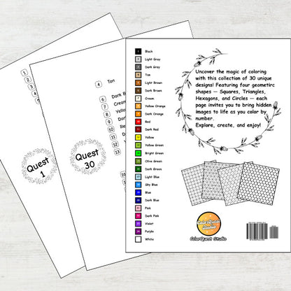 Coloring book pages with geometric shapes and color chart on a white background