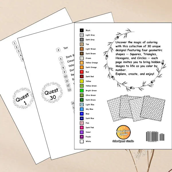 Consistent color palette through out all 30 quests matched to the full color palette on the back cover. Four distinct geometric coloring grids for mosaic art: squares, triangles, hexagons, and circles.