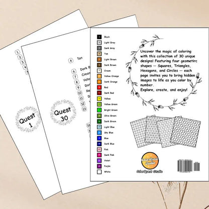 Consistent color palette through out all 30 quests matched to the full color palette on the back cover. Four distinct geometric coloring grids for mosaic art: squares, triangles, hexagons, and circles.