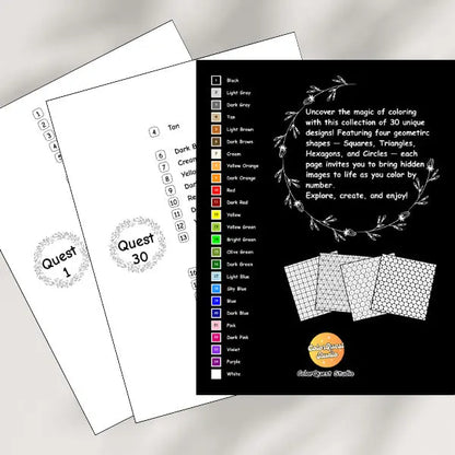 Open coloring book displaying a color key with numbered colors, alongside an back cover page with all palette colors and four geometric mosaic patterns: squares, triangles, hexagons, and circles.