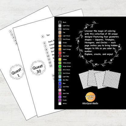 Coloring book with geometric shapes and a color swatch on a white background