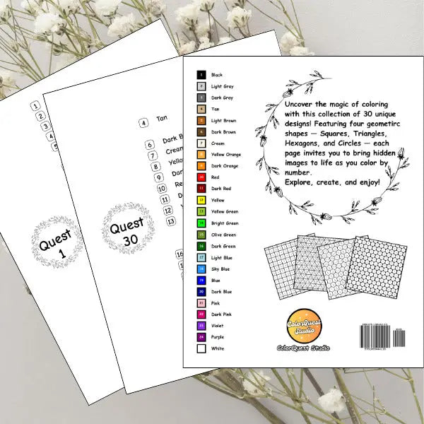 Consistent color palette through out all 30 quests matched to the full color palette on the back cover. Four distinct geometric coloring grids for mosaic art: squares, triangles, hexagons, and circles.