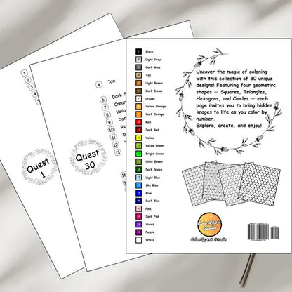 Consistent color palette through out all 30 quests matched to the full color palette on the back cover. Four distinct geometric coloring grids for mosaic art: squares, triangles, hexagons, and circles.