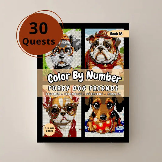 Close-up of the cover of a "Color By Number Dog Friends" book with a yellow circle indicating "30 Quests." The cover showcases four adorable dog mosaics, including a chihuahua, a jack russell terrier, a pug, and a golden retriever, all created with squares, triangles, hexagons, and circles.