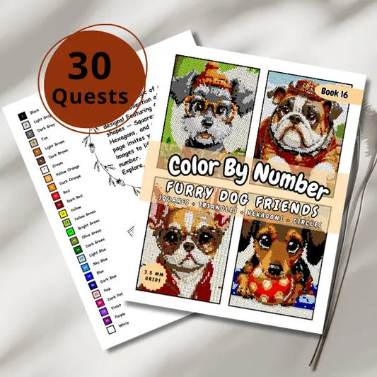 Cover of 'Furry Dog Friends Color By Number' ebook, labeled '30 Quests', showcasing adorable geometric art dogs including a terrier in a hat, an English Bulldog, a Chihuahua, and a Dachshund. Perfect for dog lovers and creative coloring.