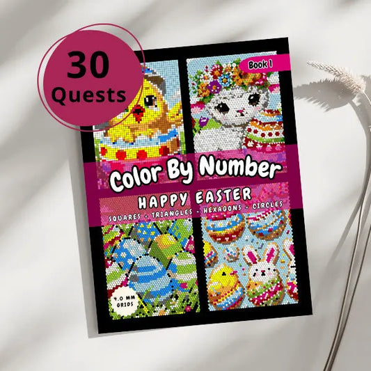 Front cover of an Easter Color By Number print book with 30 Quests, featuring vibrant art designs of happy Easter. The cover highlights geometric grids including squares, triangles, hexagons, and circles, ideal for spring coloring.