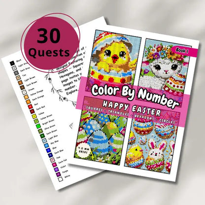 Close-up of the cover of an "Easter Color By Number" e-book with a yellow circle indicating "30 Quests." The cover showcases four cheerful Easter-themed mosaics, including an Easter bunny, Easter eggs, a spring bird, and a chick, all created with squares, triangles, hexagons, and circles.