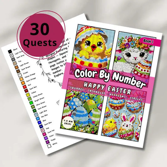 Close-up of the cover of an "Easter Color By Number" e-book with a yellow circle indicating "30 Quests." The cover showcases four cheerful Easter-themed mosaics, including an Easter bunny, Easter eggs, a spring bird, and a chick, all created with squares, triangles, hexagons, and circles.
