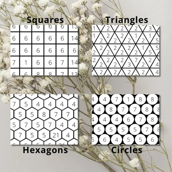 Four detailed examples of geometric coloring grids for mosaic art: squares, triangles, hexagons, and circles, each numbered for color by number activities. Ideal for creative projects and pattern recognition.