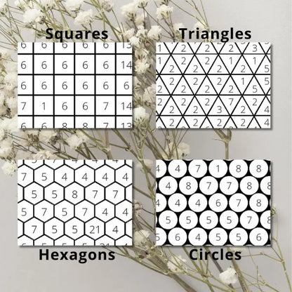 Four detailed examples of geometric coloring grids for mosaic art: squares, triangles, hexagons, and circles, each numbered for color by number activities. Ideal for creative projects and pattern recognition.