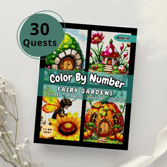 Close-up of the cover of a "Color By Number Fairy Gardens" book with a purple circle indicating "30 Quests." The cover showcases four vibrant fairy garden-themed mosaics made of squares, triangles, hexagons, and circles.