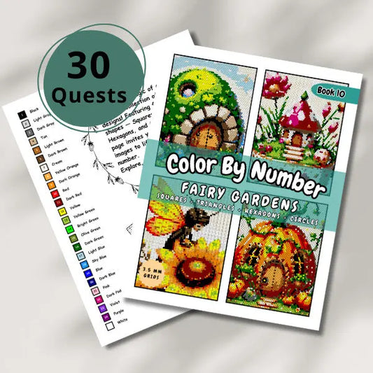 Cover of a 'Fairy Gardens Color By Number' ebook, labeled '30 Quests', showcasing whimsical completed images like a hobbit-hole-like house, a mushroom house, a bee on a sunflower, and a pumpkin house, designed with squares, triangles, hexagons, and circles.