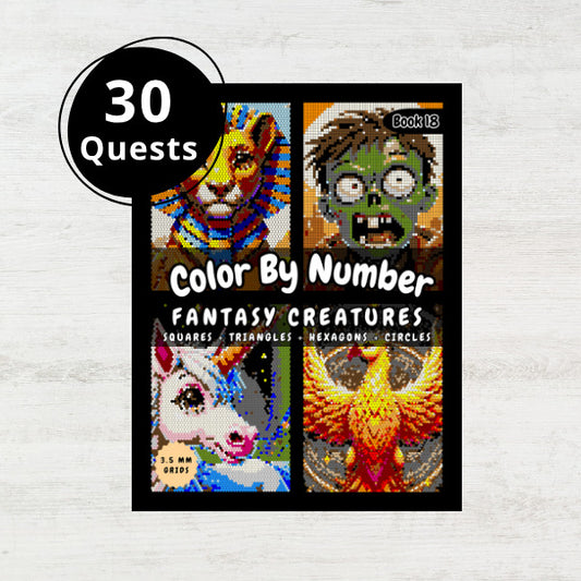 Color by number book for fantasy creatures with four animal illustrations on a light gray background.