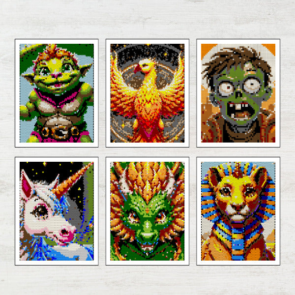 Set of six pixel art-style illustrations on a white background