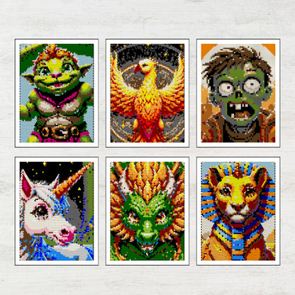 Set of six pixel art-style illustrations on a white background