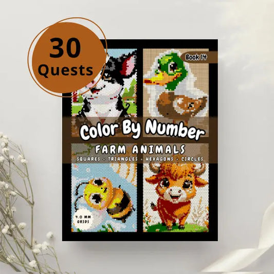 Close-up of the cover of a "Color By Number Farm Animals" book with a brown circle indicating "30 Quests." The cover showcases four adorable farm animal mosaics, including a black and white cat, a duck, a bee, and a cow, all created with squares, triangles, hexagons, and circles.