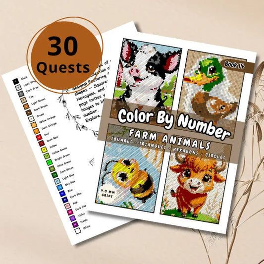 Farm Animals Color By Number ebook for adults with 30 geometric art quests. Features cute designs of a cow, duck, bee, and more.