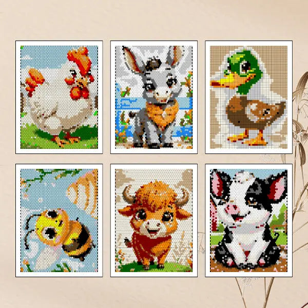 Set of six vibrant completed farm animal mosaic art prints, featuring a rooster, donkey, duck, bee, bull calf, and piglet.