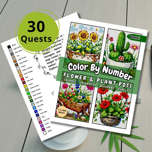 Cover of a 'Flower & Plant Pots Color By Number' ebook with a '30 Quests' badge, showcasing sample completed images of a cactus, sunflowers in a bowl, a wheelbarrow with flowers, and red poppies in a pot, all designed with squares, triangles, hexagons, and circles.