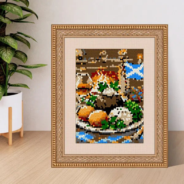 A framed, completed color by number mosaic artwork on a wooden surface, depicting a Scottish Burns Night theme with traditional elements like haggis, neeps, tatties, and a Scottish flag.
