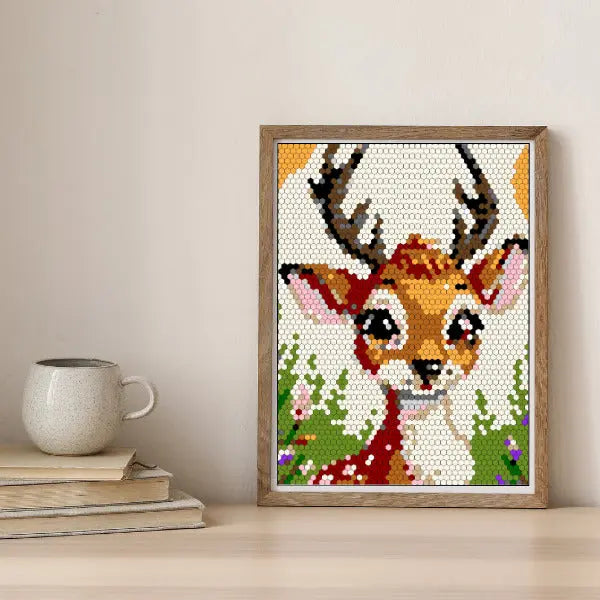 A framed color by number artwork depicting a cute deer fawn with antlers, created with a hexagonal mosaic pattern. The artwork is displayed on a light-colored table.