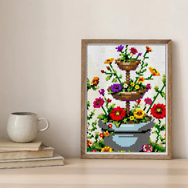 A framed color by number artwork depicting a vibrant flower fountain with a tiered design overflowing with colorful flowers, created with a hexagonal mosaic pattern. The artwork is displayed on a light-colored surface next to a white ceramic mug.