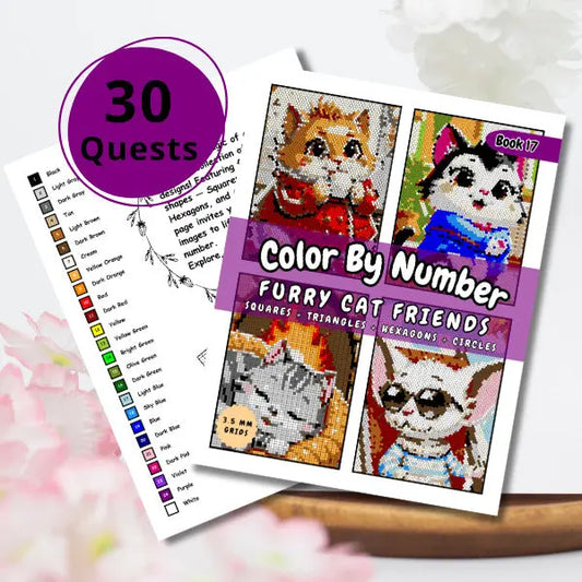 Color by Number eBook featuring furry cat friends with geometric designs, 30 quests, and a color palette for coloring fun.