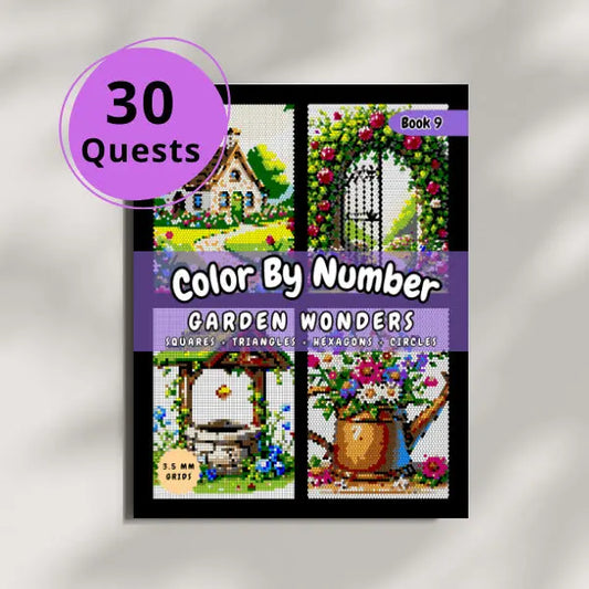 Close-up of the cover of a "Garden Wonders Color By Number" book with 30 quests, featuring four detailed garden-themed mosaics made of squares, triangles, hexagons, and circles.
