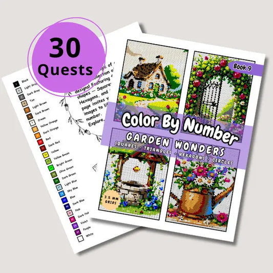 Cover of a 'Garden Wonders Color By Number' ebook with a '30 Quests' badge, showcasing sample completed images of a charming cottage, a garden archway, a wishing well, and flowers in a watering can, all designed with squares, triangles, hexagons, and circles.